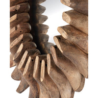 A close-up of a decorative wall mirror with a curved, tiered frame made of stacked natural wood blocks showing a weathered brown wood grain pattern, set against a plain white background.
