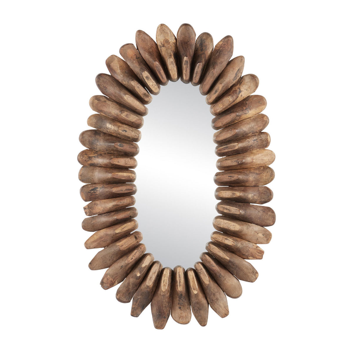 An oval wall mirror with a rustic frame made of layered, shell-like pieces in natural brown and beige tones, shown against a plain white background.
