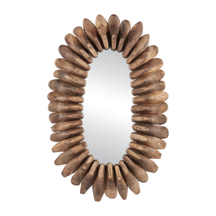 An oval wall mirror with a rustic frame made of layered, shell-like pieces in natural brown and beige tones, shown against a plain white background.