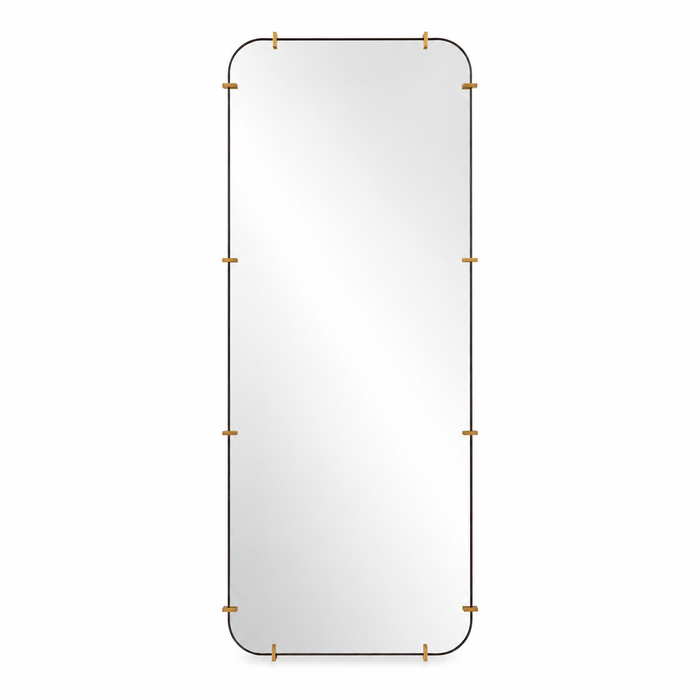 tall rectangle rounded corners wall mirror black frame brass accents