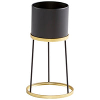 The Liza Gold + Black Planter by Cyan Design features a contemporary cylindrical pot with a sleek minimalist metal frame.