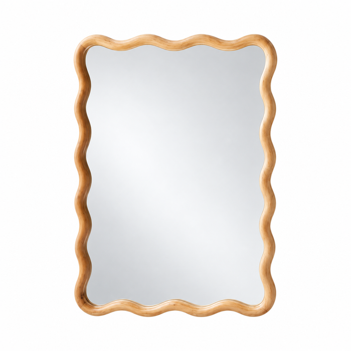 Kalalou Wooden Squiggle Wall Mirror with a rectangular shape and wavy light wood frame.