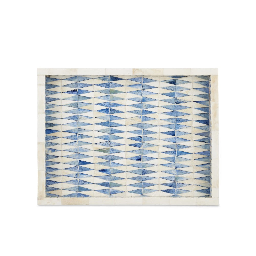 Rectangular tray with blue and white geometric pattern on a white background