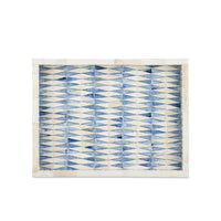 Rectangular tray with blue and white geometric pattern on a white background