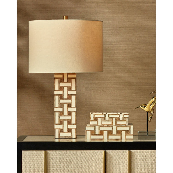 Decorative lamp with geometric pattern on a wooden surface