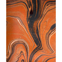 Marbled wood panel with swirling patterns of orange, black, and light tan wood grain.
