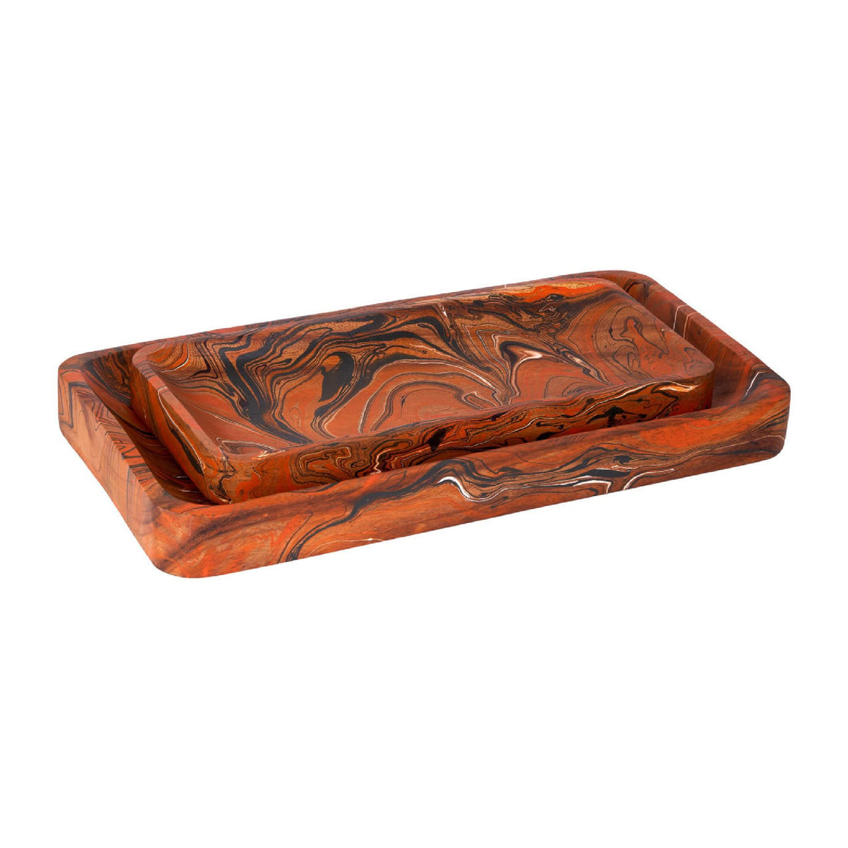 A rectangular wooden tray with a matching shallow insert, featuring a rich reddish-brown wood grain with dramatic black and gold marbled swirls, set against a plain white background.