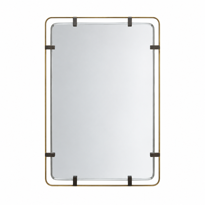 Fremont Large Wall Mirror - Brass Steel: rectangular mirror in a thin brass frame held by four dark decorative steel clips.