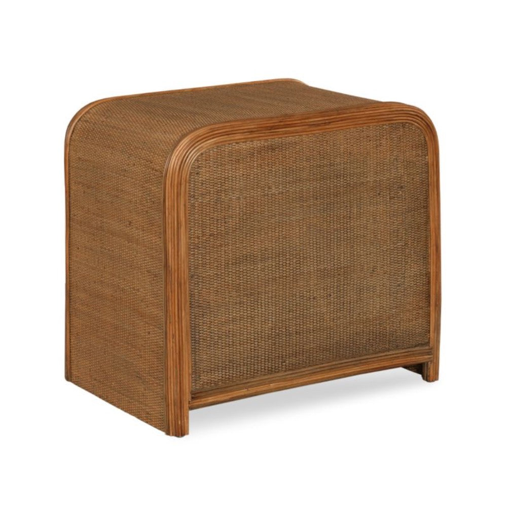 bedside table wood brown rattan brass knob