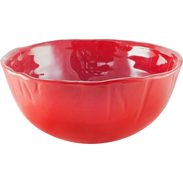 Always Relish Red Melamine Salad Bowls (set of 4) feature a wavy rim, ideal for festive holiday table displays.
