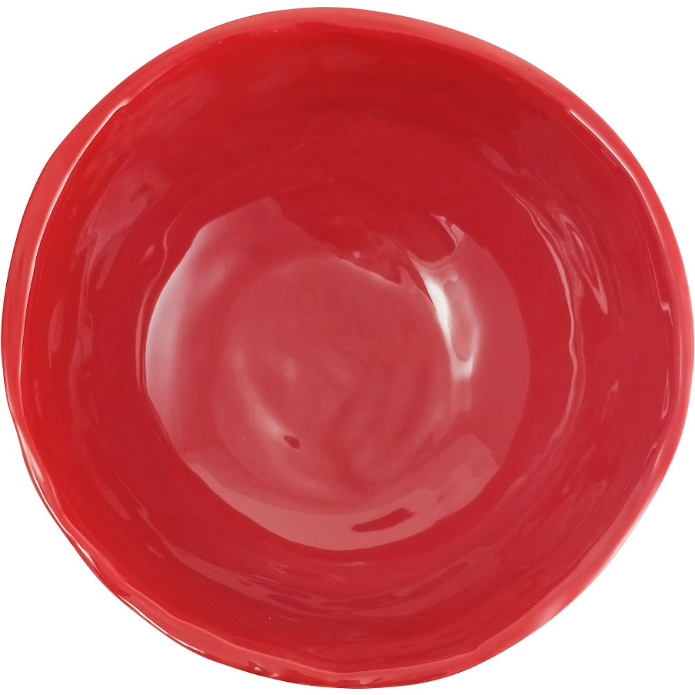 Always Relish Red Melamine Salad Bowls (set of 4) shown empty and shiny, viewed from above on a white background.