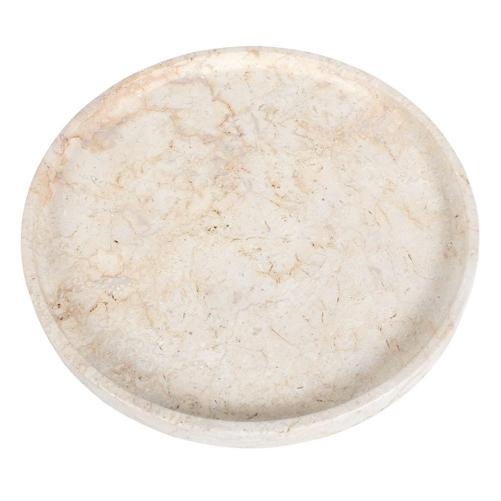 Round beige stone tray on a white background