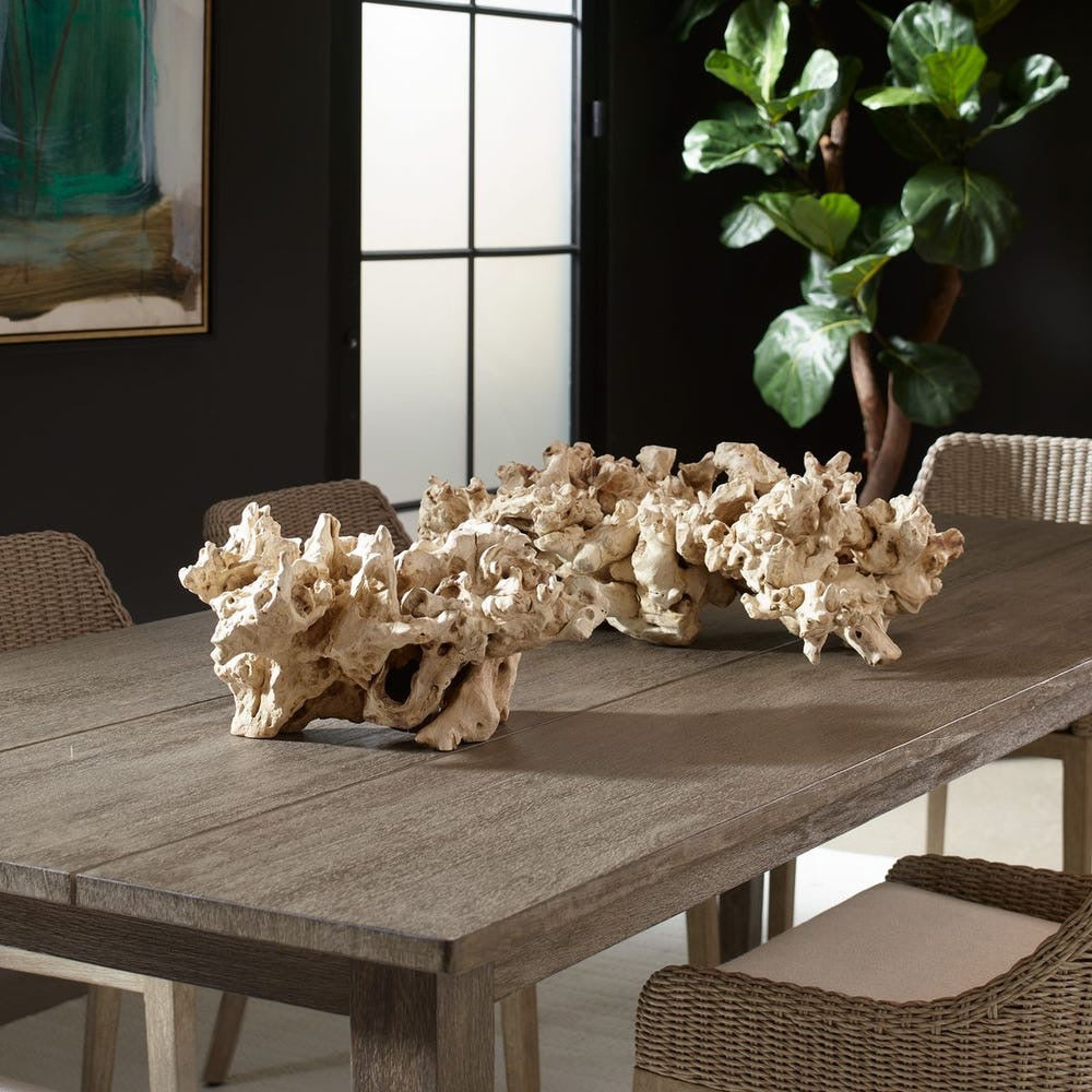 Decorative coral on a wooden table with chairs and a plant in the background