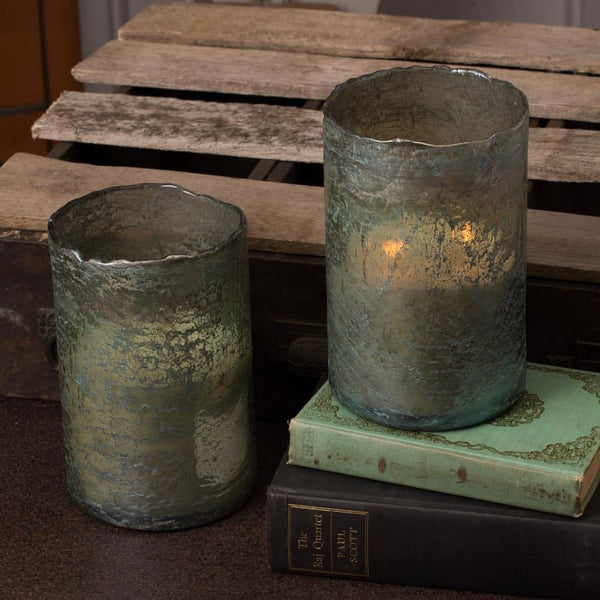 candle 2 wick mottled green bubbled glass