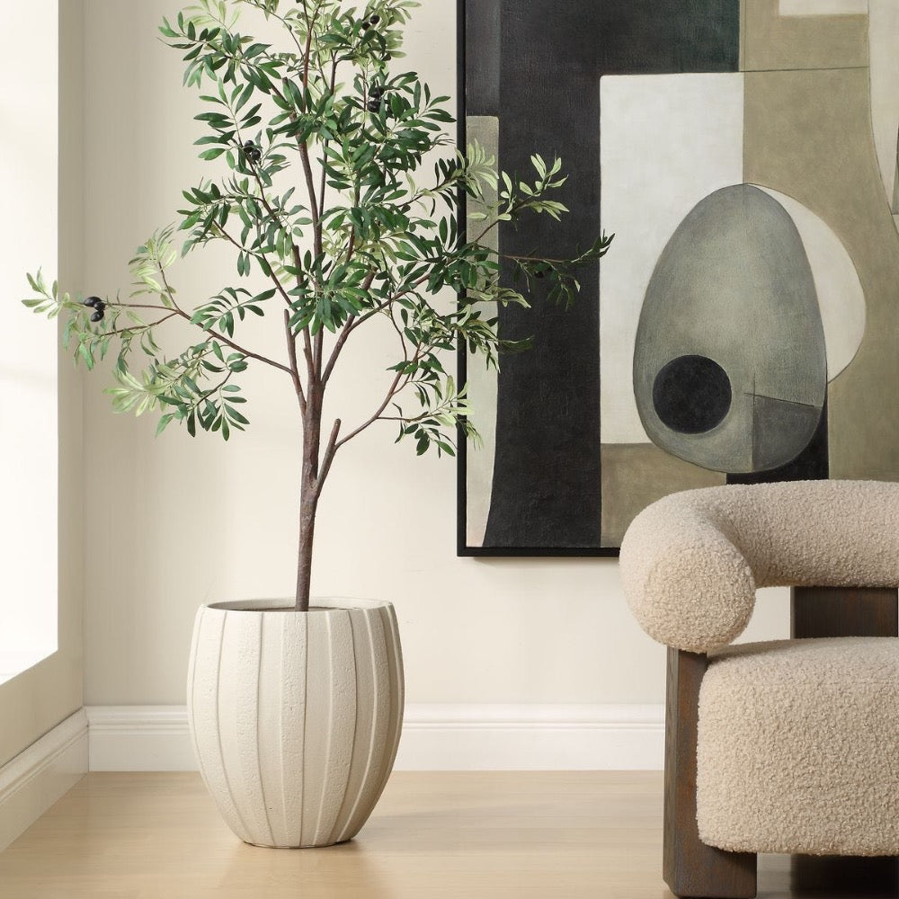 Potted plant in a modern living room with abstract art on the wall