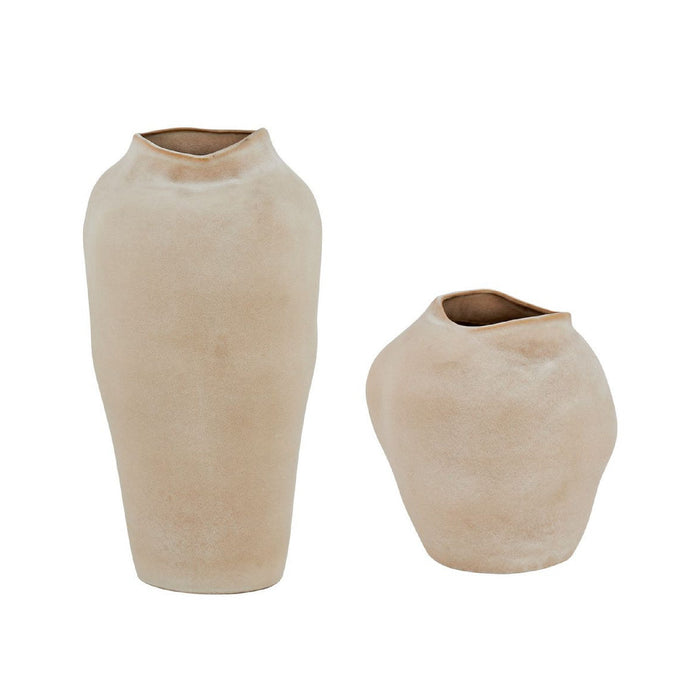 Two beige ceramic vases on a white background