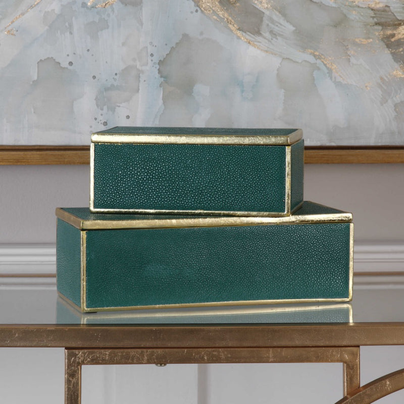 green boxes gold leaf trim removable lids