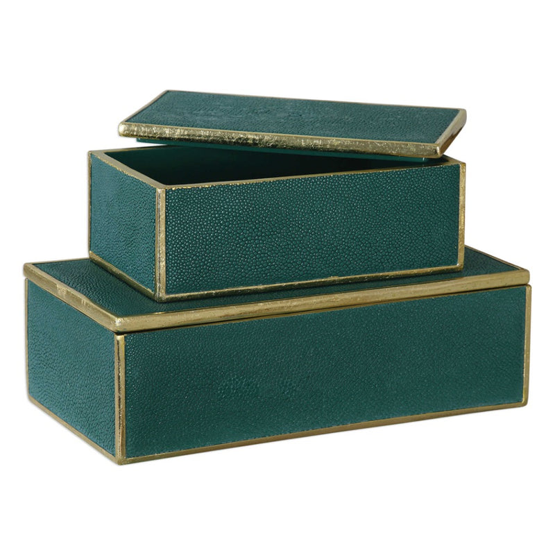 green boxes gold leaf trim removable lids