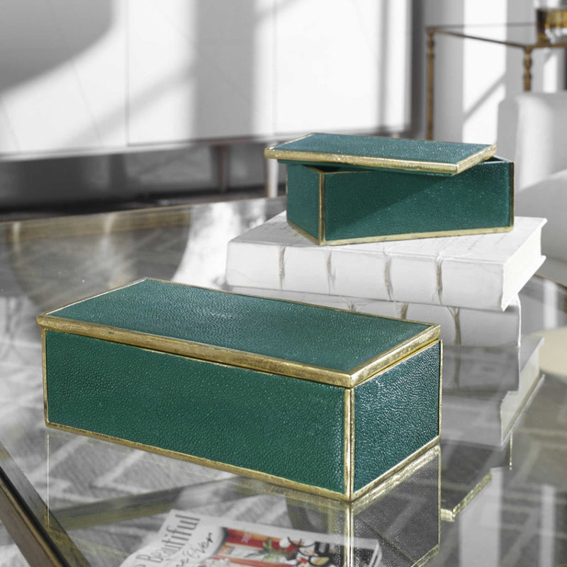 green boxes gold leaf trim removable lids