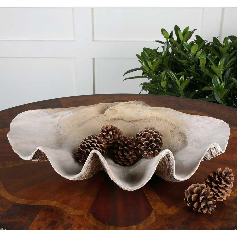 The Uttermost Clam Shell Bowl with pine cones sits on a wooden table, adding coastal charm beside a leafy plant.