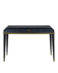 Kallista Writing Desk by Currey & Company: black wood, sapphire finish, brass hardware, gold accents, capped tapered legs.