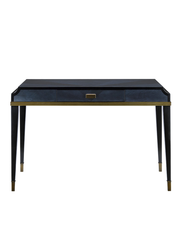 Kallista Writing Desk by Currey & Company: black wood, sapphire finish, brass hardware, gold accents, capped tapered legs.