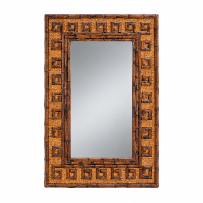 Kenian Tortoise Shell Bamboo Greek Key Mirror, a rectangular mirror with a tortoise bamboo frame and Greek key border.