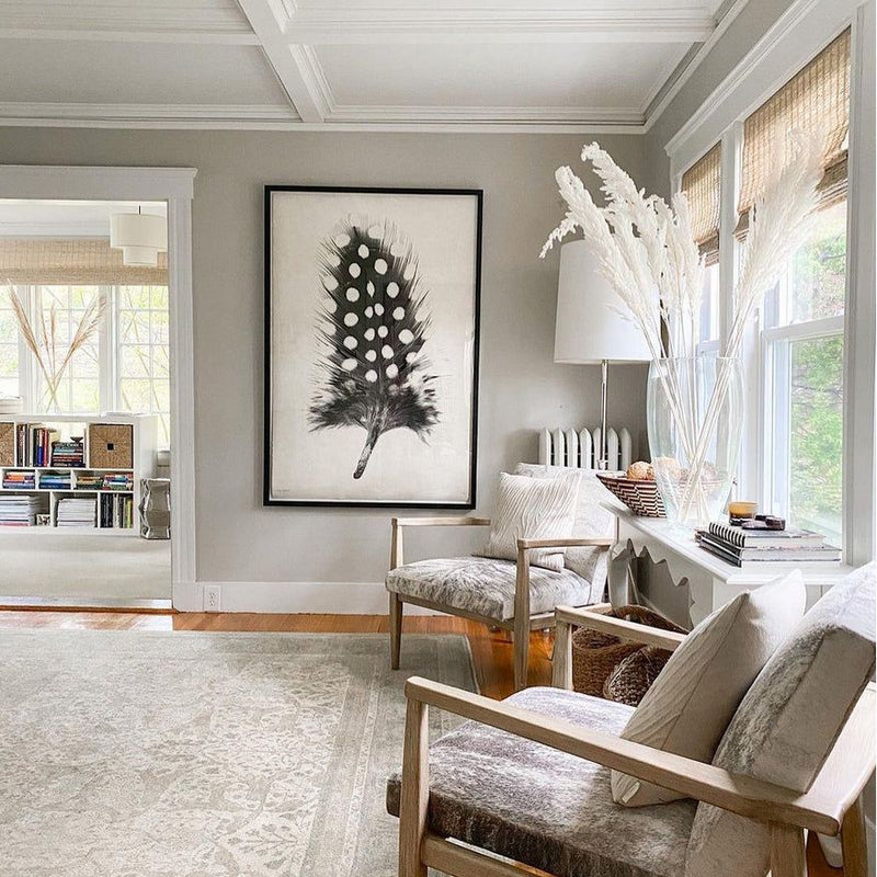 Bright, cozy living room with neutral tones featuring Barloga Studios' Feather Study 1 Photography Art, comfortable armchairs, and a sunlit window nook. The Feather Study 1 art adds a natural touch while offering versatile hanging options.