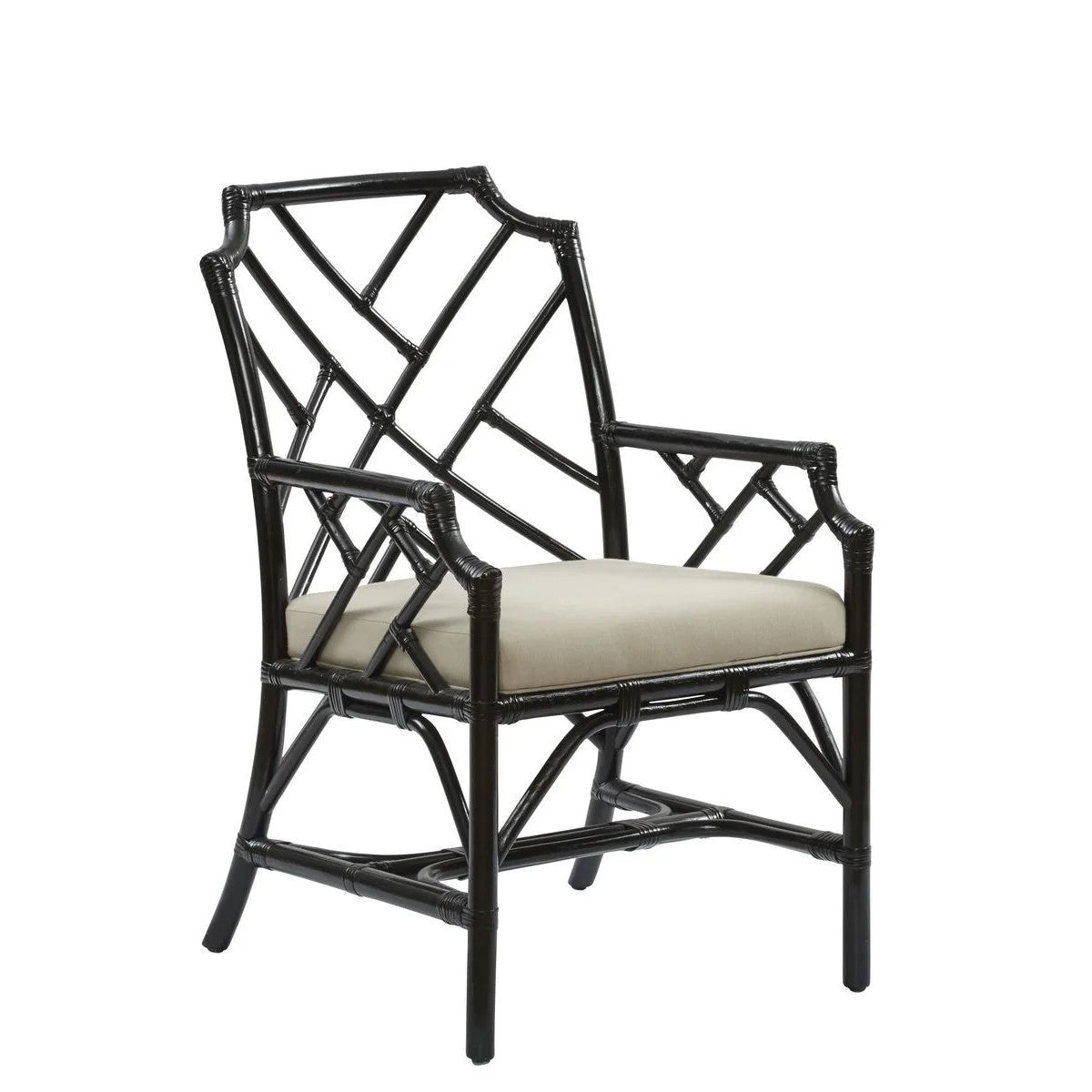 Black lattice armchair with beige cushion on a white background