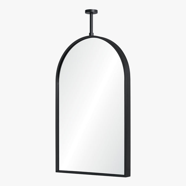 Black-framed mirror with a white background