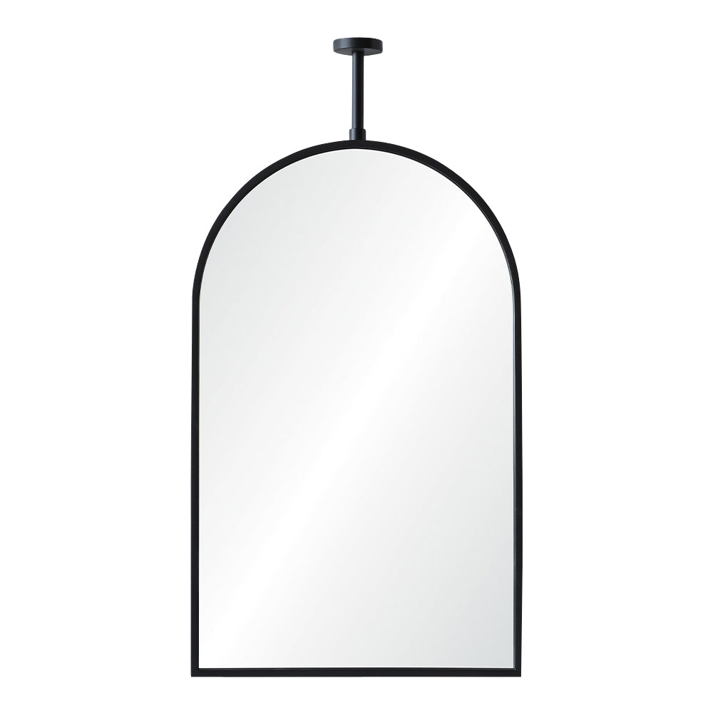 Arch-shaped mirror with black frame on a white background