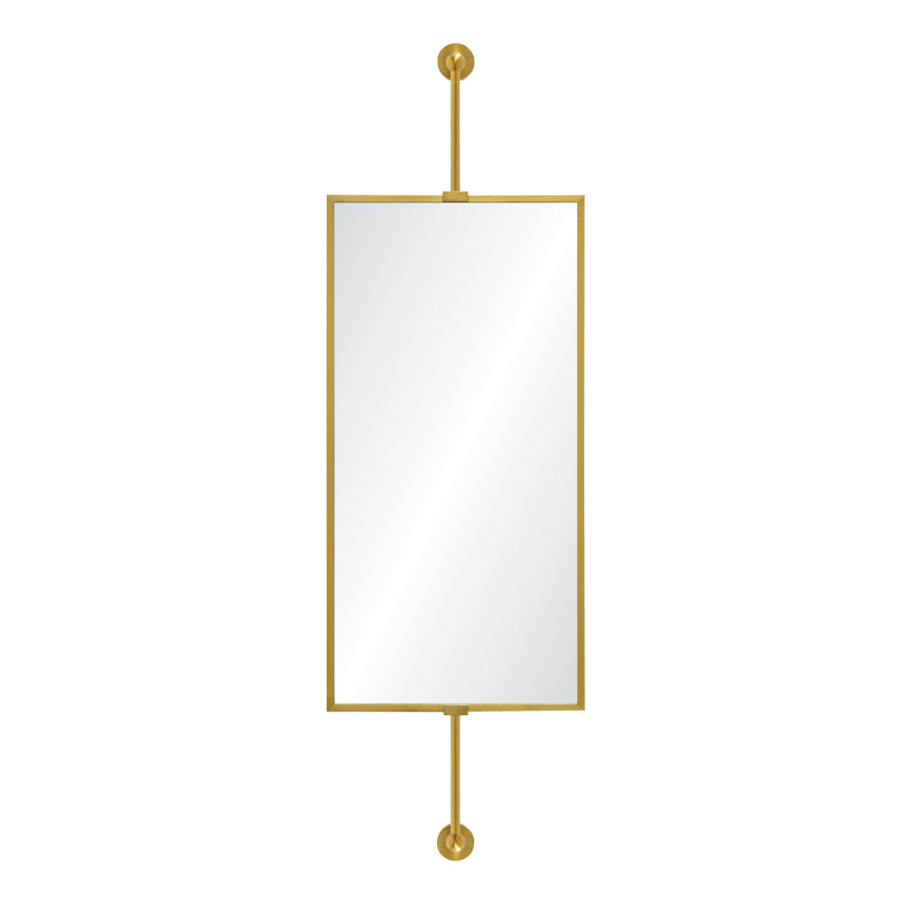 Rectangular mirror with gold frame and spherical finials on a white background