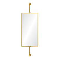 Rectangular mirror with gold frame and spherical finials on a white background