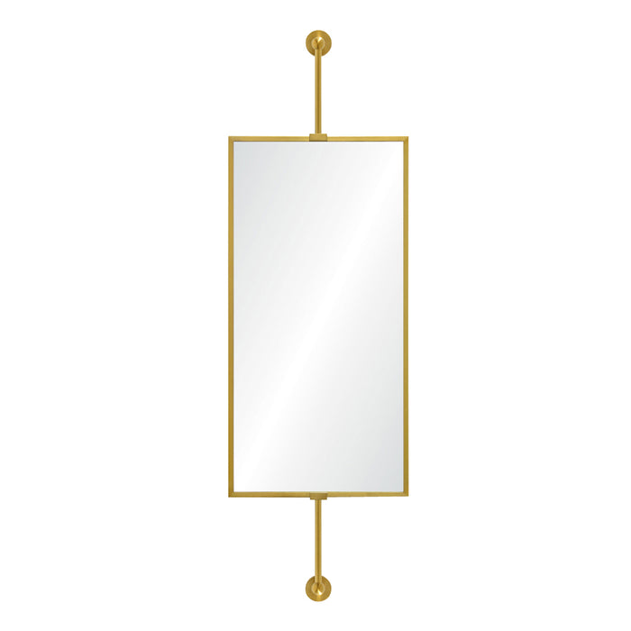 Rectangular mirror with gold frame and spherical finials on a white background