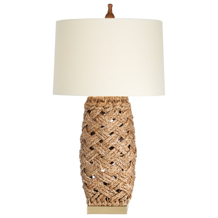 round drum linen oatmeal shade rattan woven base table lamp