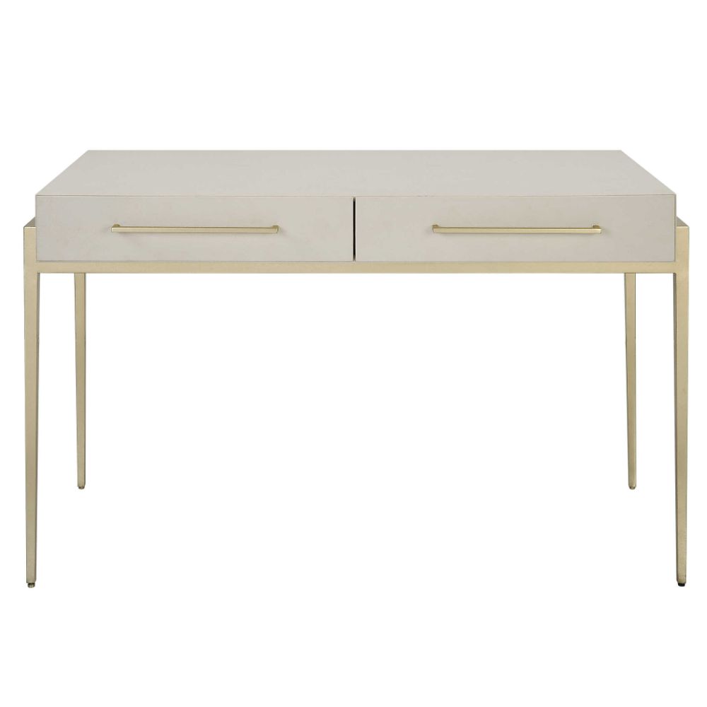 contemporary 2-drawer desk white faux shagreen leather top gold leaf iron frame
