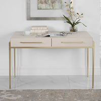 contemporary 2-drawer desk white faux shagreen leather top gold leaf iron frame