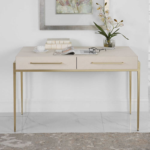contemporary 2-drawer desk white faux shagreen leather top gold leaf iron frame