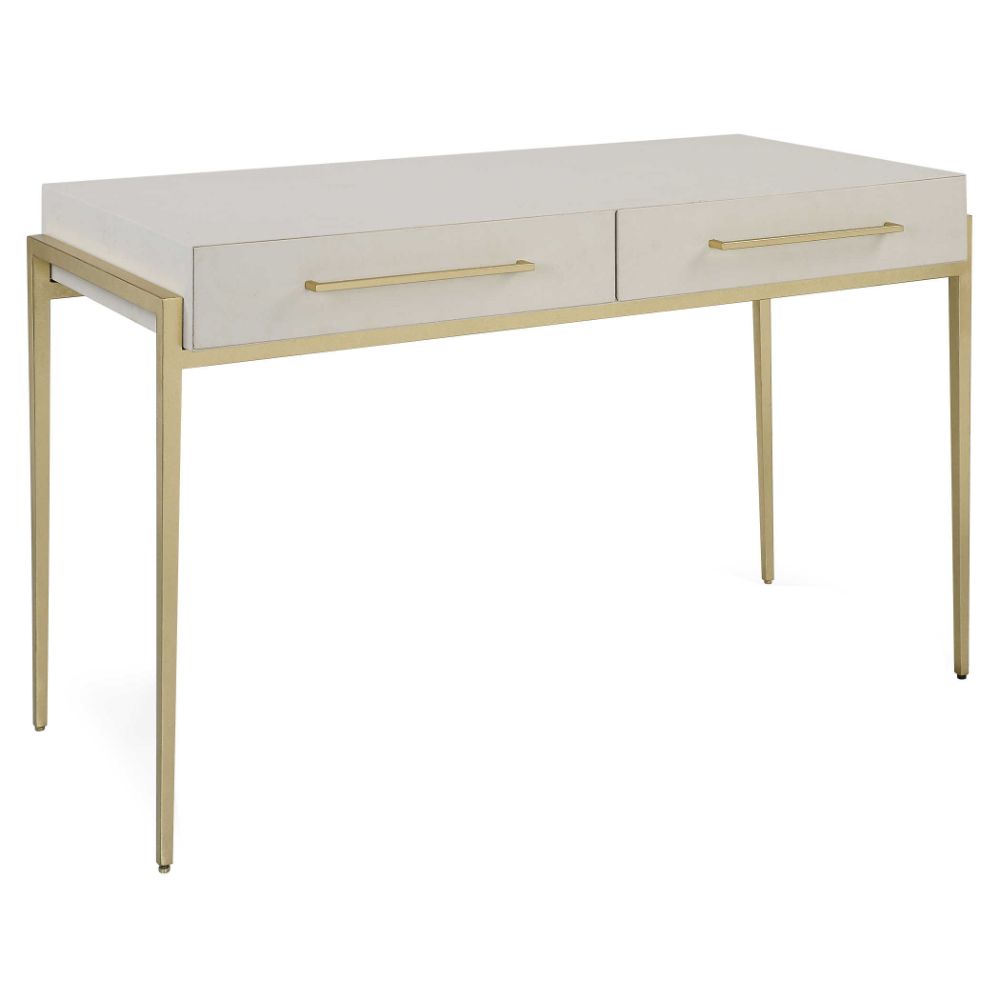 contemporary 2-drawer desk white faux shagreen leather top gold leaf iron frame
