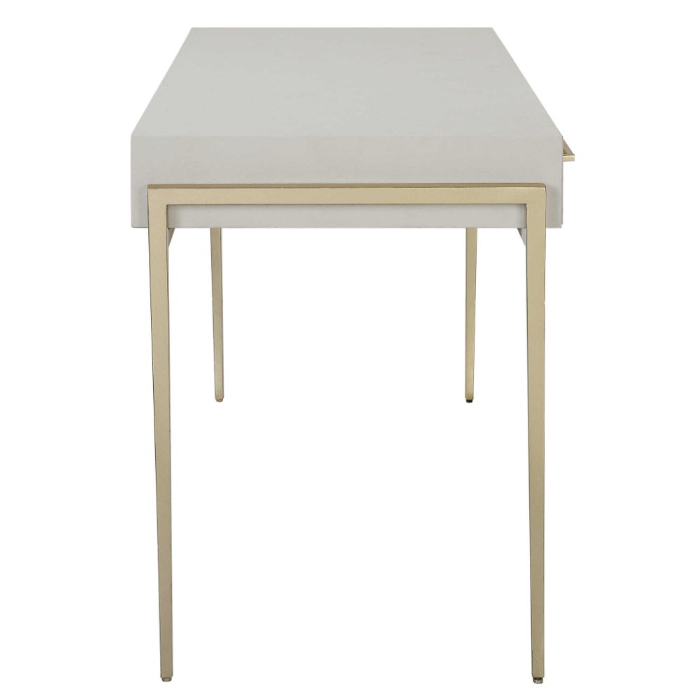 contemporary 2-drawer desk white faux shagreen leather top gold leaf iron frame