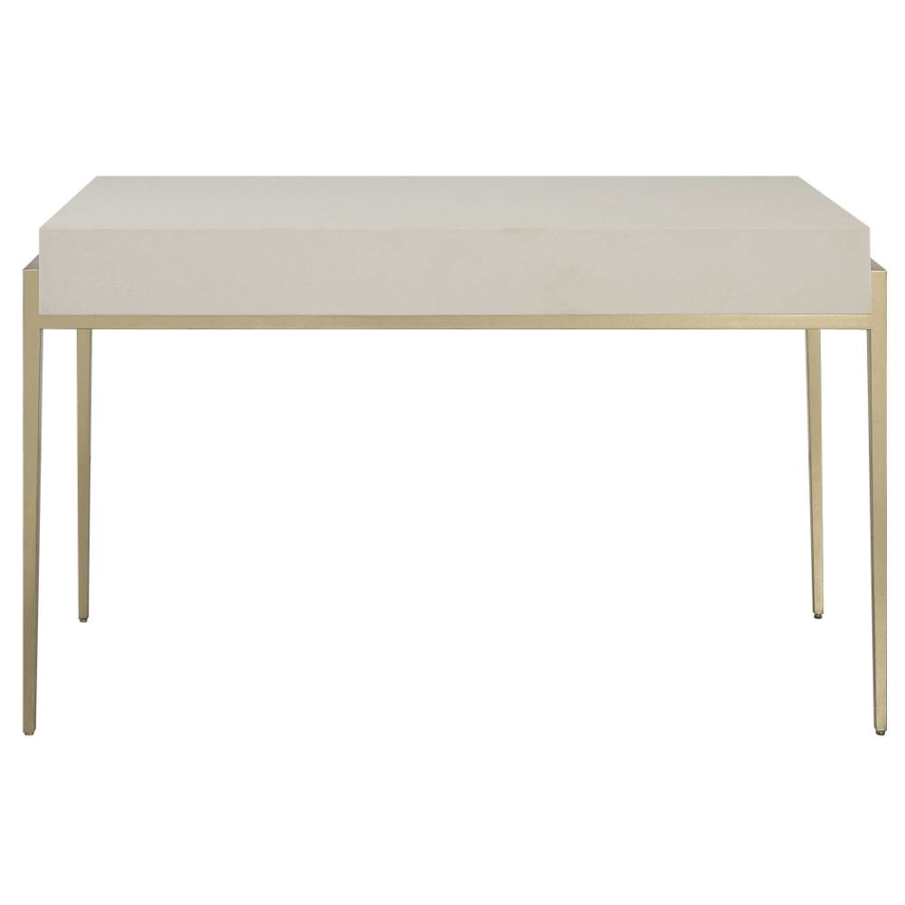 contemporary 2-drawer desk white faux shagreen leather top gold leaf iron frame