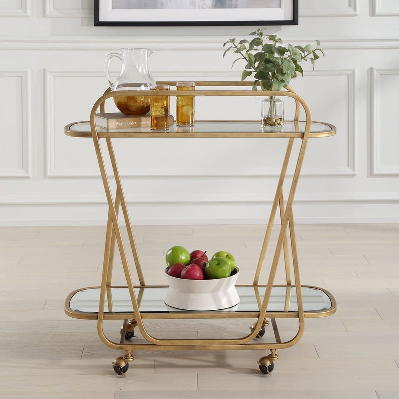 serving cart antique brass iron beveled mirror wheels