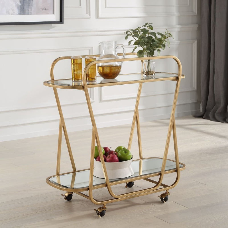 serving cart antique brass iron beveled mirror wheels