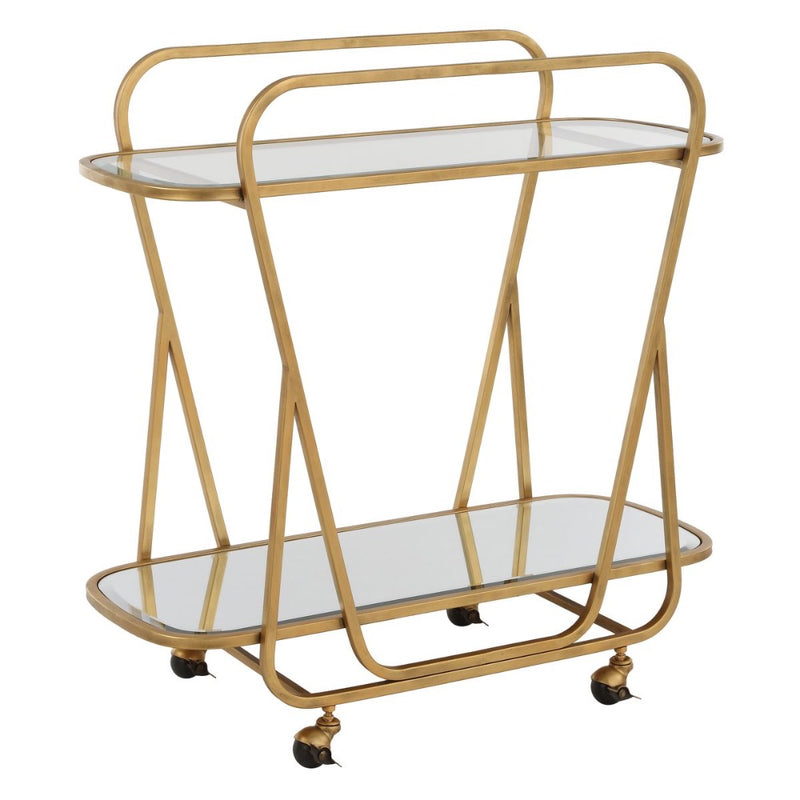 serving cart antique brass iron beveled mirror wheels
