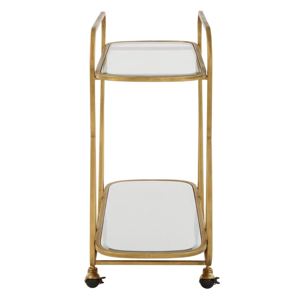 serving cart antique brass iron beveled mirror wheels