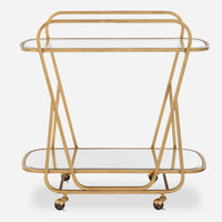 serving cart antique brass iron beveled mirror wheels