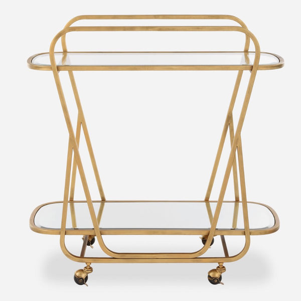 serving cart antique brass iron beveled mirror wheels