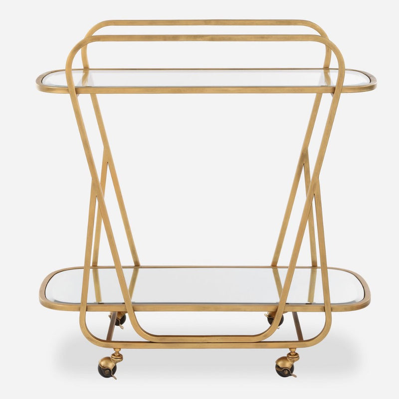serving cart antique brass iron beveled mirror wheels