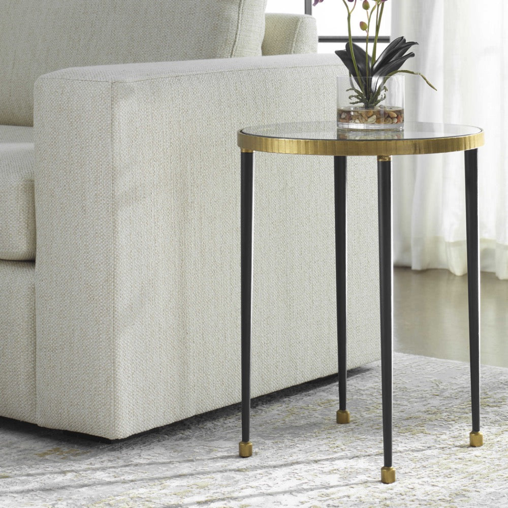 side table gold round glass accents iron legs