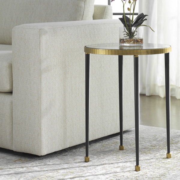 side table gold round glass accents iron legs